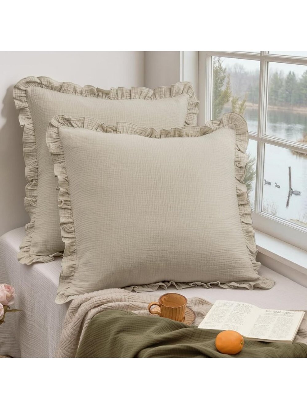 Soft Cotton Muslin Ruffle Euro Sham Covers 26"x26", Taupe, Cozy Home Decor